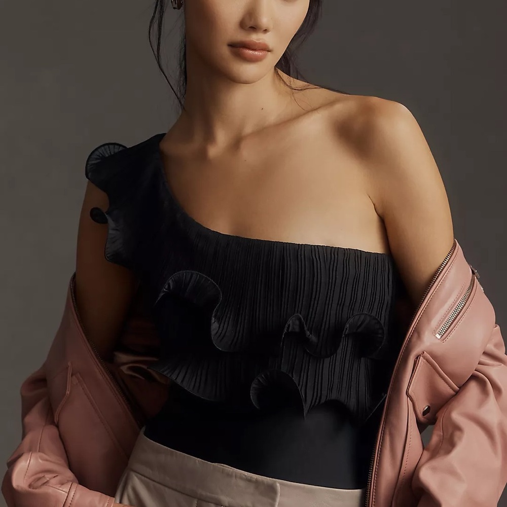 By Anthropologie Black Pleated Ruffle Bodysuit